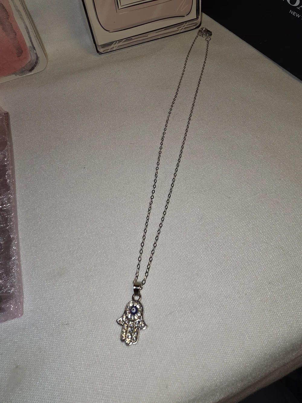 Sterling-Tone Hamsa Hand Necklace with Blue Evil Eye Accent